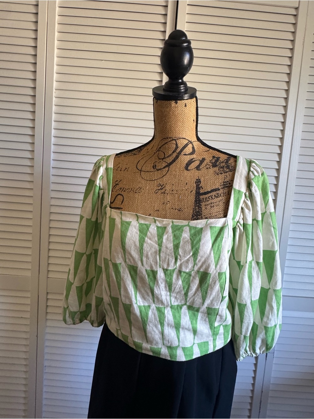 Anthropologie Green /white Geometric Puff-Sleeve Tunic Top - Picture 4 of 7